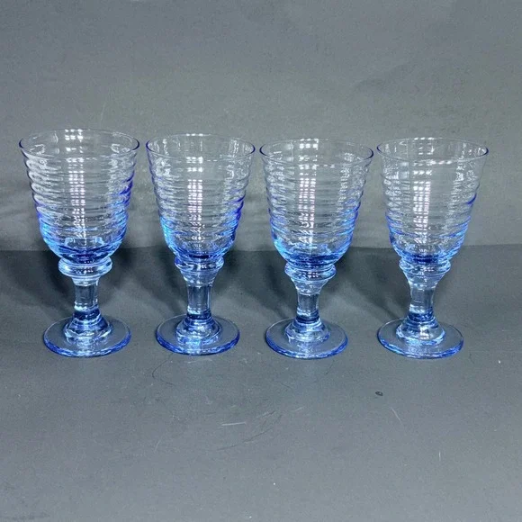 Vtg SET of 4 LIBBEY Sirrus Light Blue Wine Water Goblets- Spool Stem Glasses - Picture 4 of 16